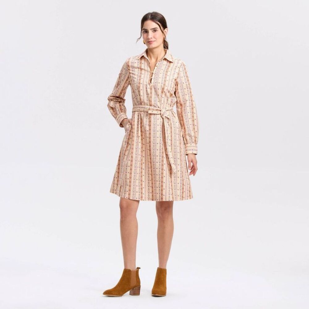 Women's Bishop Long Sleeve Poplin Mini Shirtdress - Beige Striped M